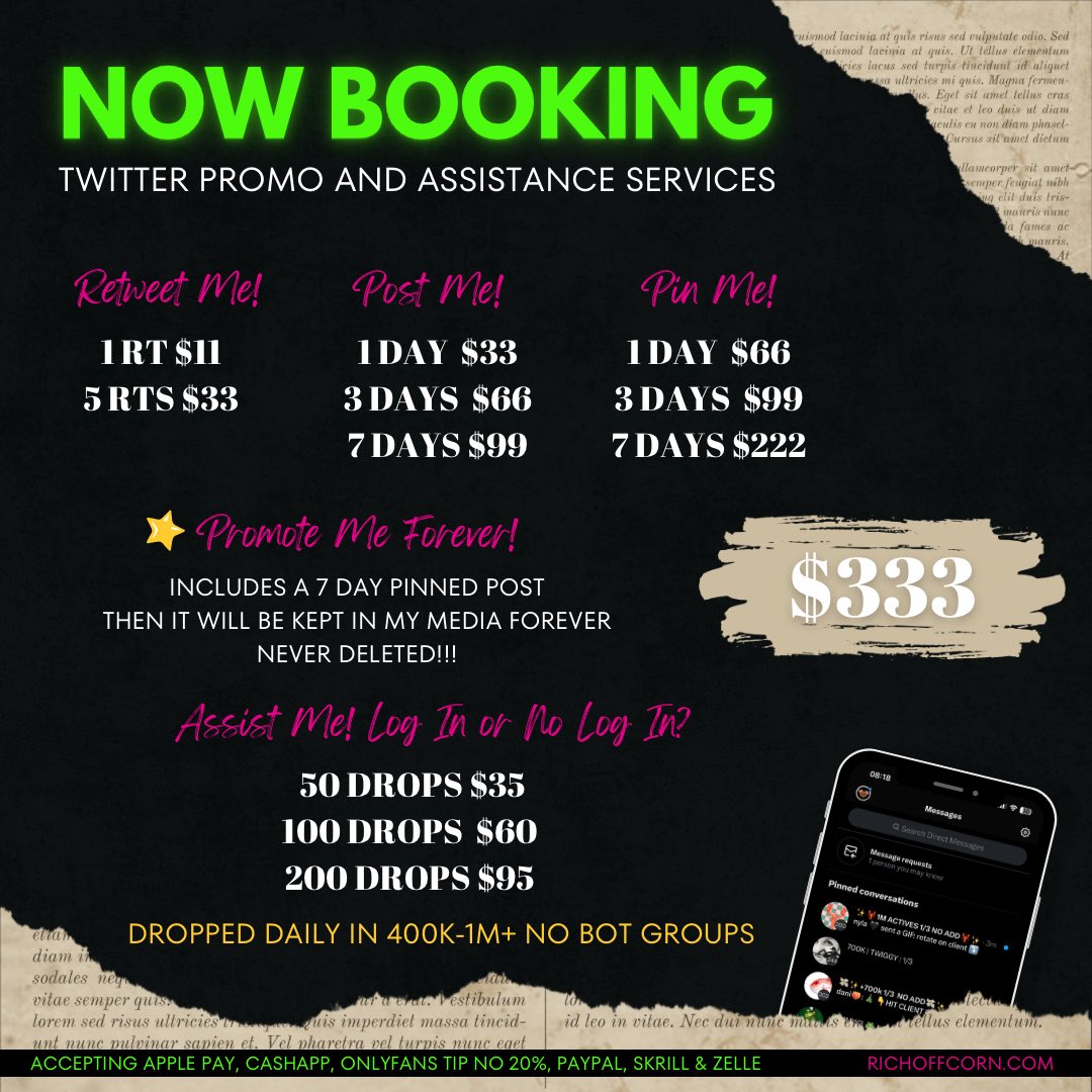Twitter Promo &amp; Assistance Bookings Are Officially Open Again 👩🏾‍💻

Are You Ready To Maximize Your Gains? 
Message Me @RichOffCorn To Get 
Started Today 🩷

✨Verified Reviews Available✨
 https://t.co/J6jLv6HHbj https://t.co/sPQP7tGkDZ