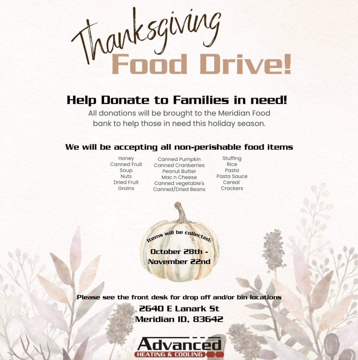 It’s time to give back! Bring your non-perishable food items to our Meridian office and help support families in need. All donations will go directly to the Meridian Food Bank. 🤎

📍 2640 E Lanark St
Let’s make a difference together!