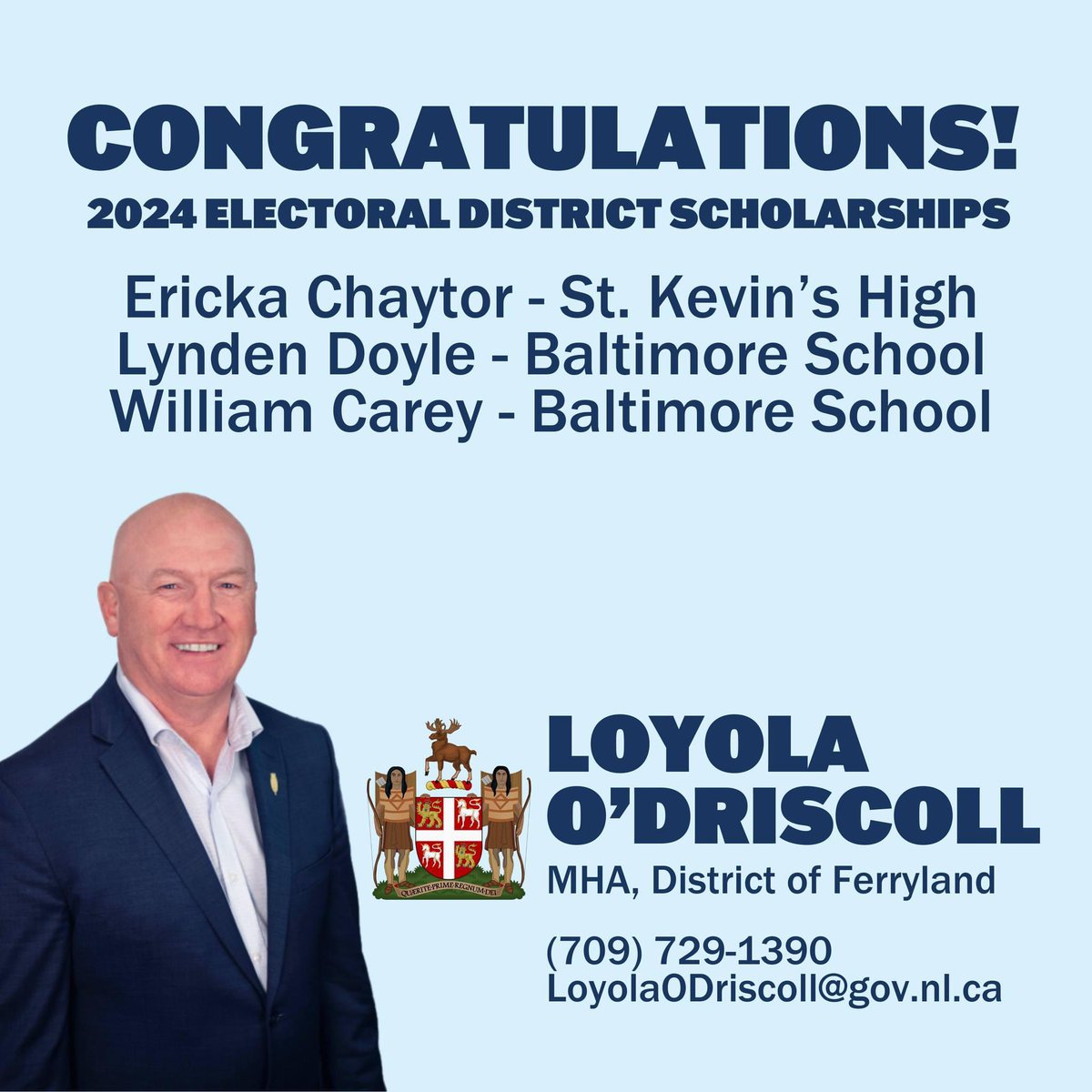 A BIG Congratulations to the 2024 Provincial High School Scholarship recipients from the district of Ferryland! 

Your hard work and dedication have paid off, and we couldn't be prouder of your achievements. Well done! 👏

<a href="/SchoolBaltimore/">Baltimore School</a> <a href="/skhmavericks/">St Kevin's High</a>