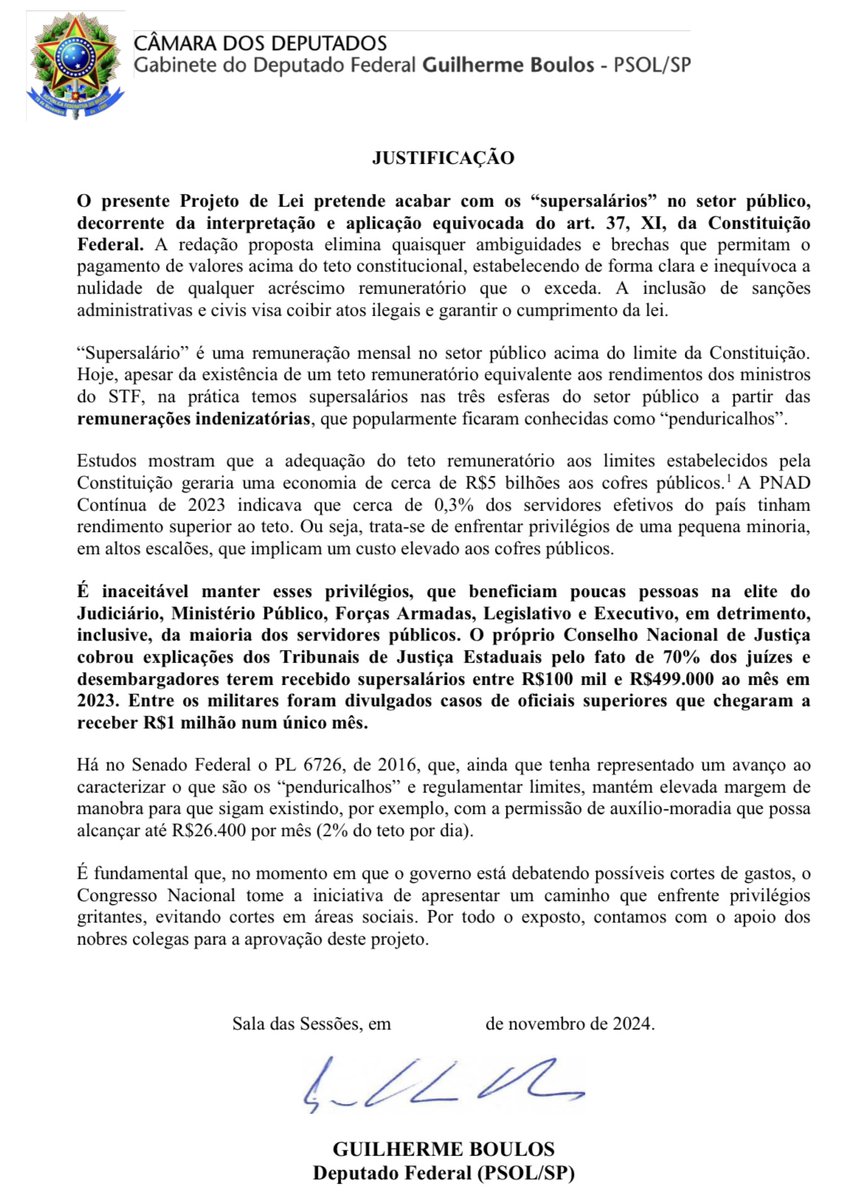 GuilhermeBoulos's tweet photo. Vamos protocolar hoje o Projeto de Lei do FIM DOS SUPERSALÁRIOS de Juízes, Militares e membros do Legislativo e Executivo. Quero ver se teremos o apoio dos Deputados que se negaram a assinar a PEC da Escala 6X1 por uma suposta “preocupação com a economia”. Conto com o apoio de vocês!
