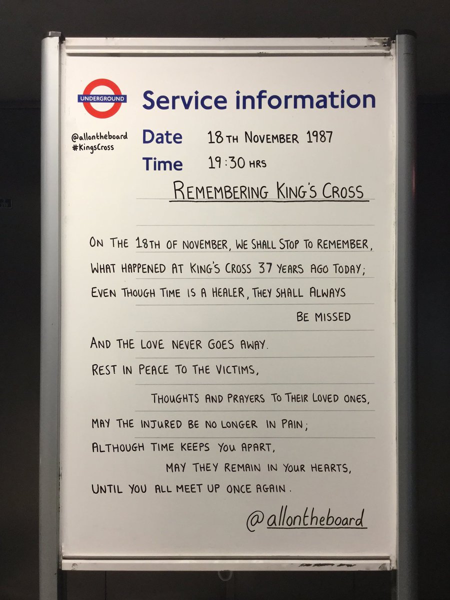 Thinking of the 31 people who lost their lives and everybody who was affected by the King’s Cross station fire on this day 37 years ago. 
 
#KingsCrossFire #WeRemember