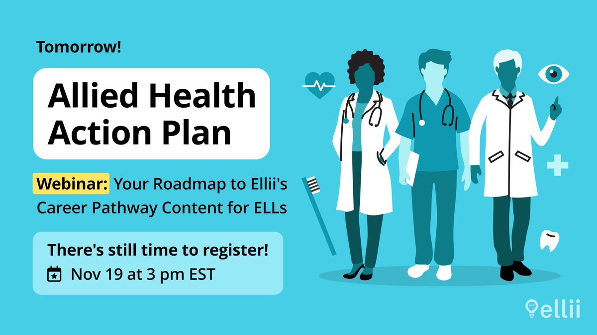 We're only one day away from hosting our webinar that will dive deep into Ellii's career pathway content on Allied Healthcare!

There's still time to register—sign up now! buff.ly/3UWP74u 

#ELL #ELT #Ellii #adulted #teachenglish #alliedhealthcare #englishcourses #IET