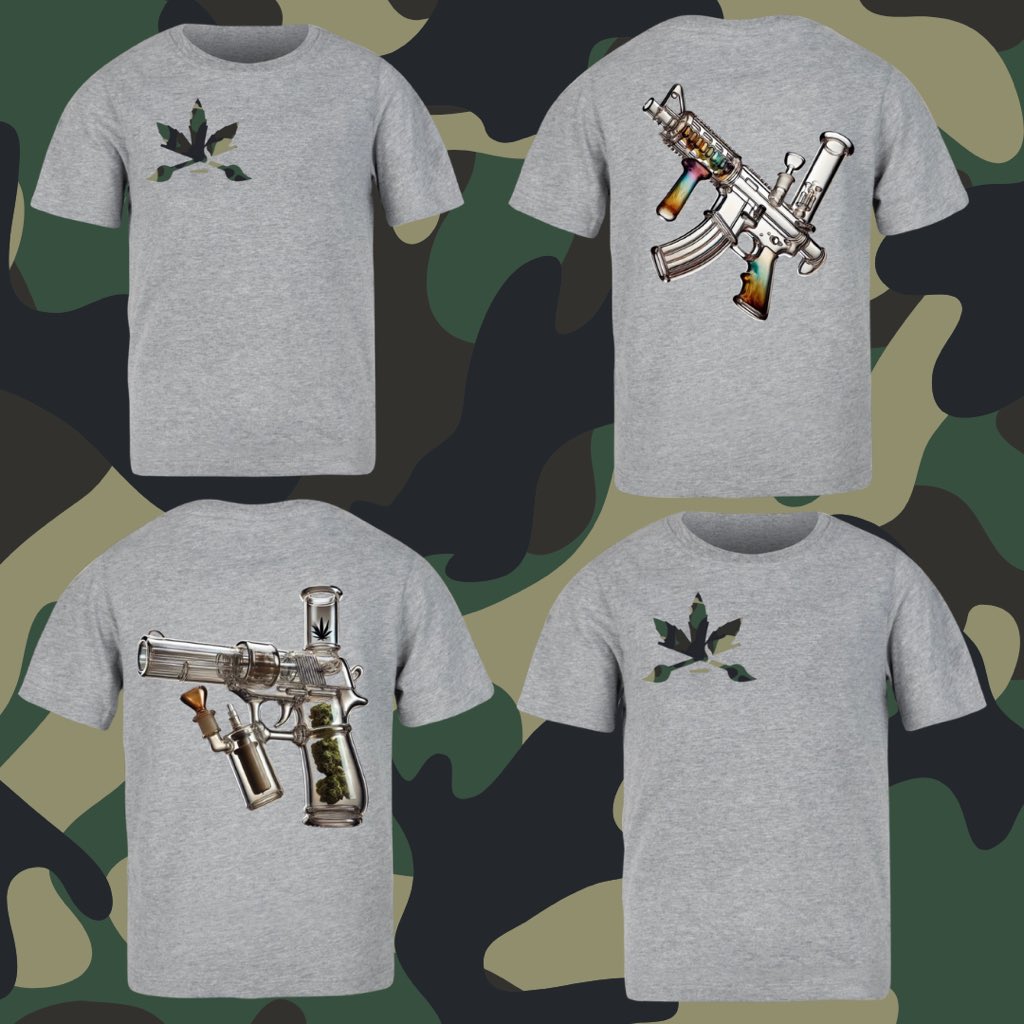 classislit's tweet image. The High Caliber Edition. 
Print on demand T-shirts. Bongs designed in the shape of guns. Designed with the help of AI named to reflect their bold, edgy aesthetic and the fusion of cannabis culture with weapon imagery. DM to order. 
🎨🍃💨🔥🔫 👕🛒