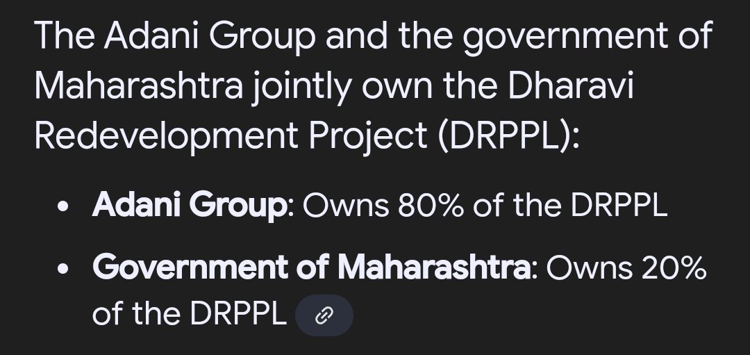 Maharashtra CM says that Dharavi land is NOT being given to Adani but to a government body "Dharavi Redevelopment Project Pvt Ltd (DRPPL)".
But they won't tell you who owns DRPPL.
You guys better know it.
Crony Capitalism at its best!