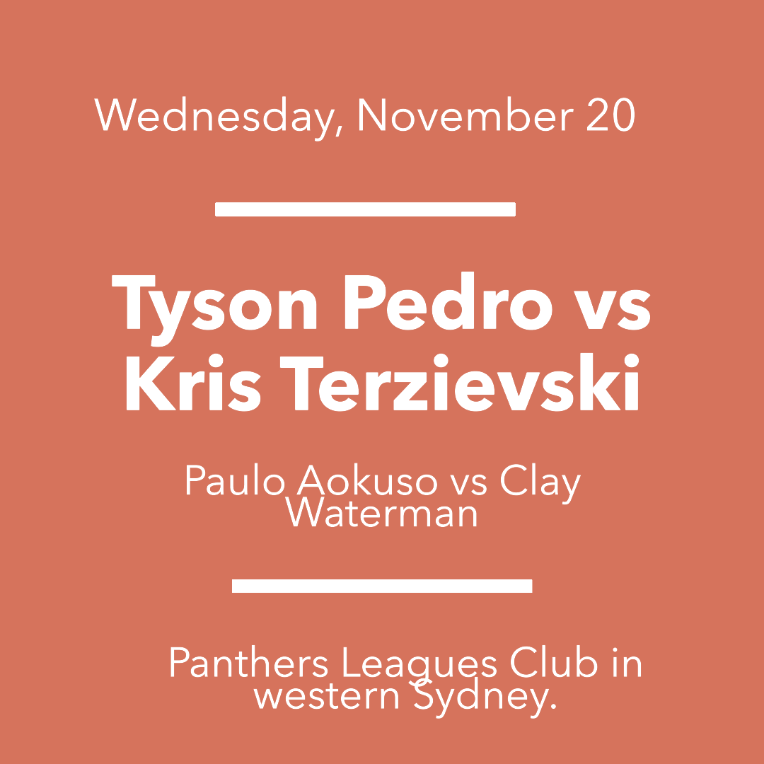 WalesJapan's tweet photo. The fight between Tyson Pedro and Kris Terzievski is set to take place on Wednesday, November 20, 2024, at the Panthers Leagues Club in Penrith, Sydney      

Stream Link 🔗https://t.co/Z9qZvppd9A 

#TysonPedro #KrisTerzievski #PedroTerzievski #Boxing https://t.co/YXJgmN073P
