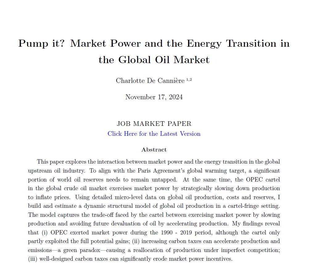 Charlotte De Cannière (@c_decanniere) on Twitter photo 🚨 Job Market Paper Alert🚨
What happens when OPEC’s market power meets climate policies? 🌍💡
Check out my JMP ‘Pump it? Market Power and the Energy Transition in the Global Oil Market’ 🧵 (1/10)
Website: bit.ly/3YXhT5Y
Paper: bit.ly/4ezywdU
#EconTwitter 🚨 Job Market Paper Alert🚨
What happens when OPEC’s market power meets climate policies? 🌍💡
Check out my JMP ‘Pump it? Market Power and the Energy Transition in the Global Oil Market’ 🧵 (1/10)
Website: bit.ly/3YXhT5Y
Paper: bit.ly/4ezywdU
#EconTwitter