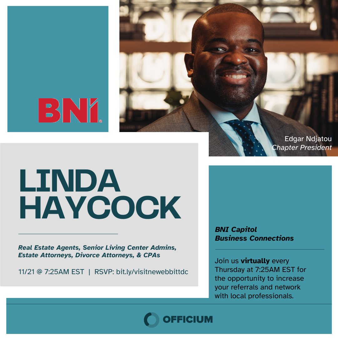 officium_llc's tweet image. Hey real estate agents, senior living center admins, attorneys and CPAs - don't wait to register! Join me virtually on 11/21 for an informative presentation by my colleague Linda Haycock.

RSVP: zurl.co/THsQ 

#Networking #DCNetworking