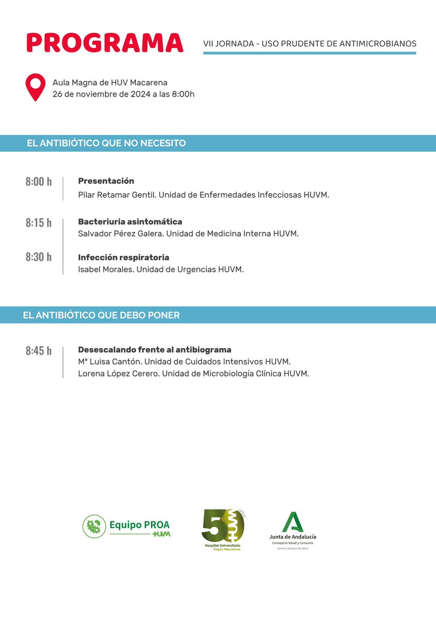 PROAmacarena's tweet image. 🧠 PIENSA primero,
y PON después.

🔻O quizás NO pongas antibiótico si has PENSADO que no es necesario…pongamos que hablo de bacteriurias asintomáticas o virasis respiratorias.

🔻PIENSA a qué desescalar con fundamento.

👉🏼Vente a la JORNADA DE USO PRUDENTE DE ANTIMICROBIANOS