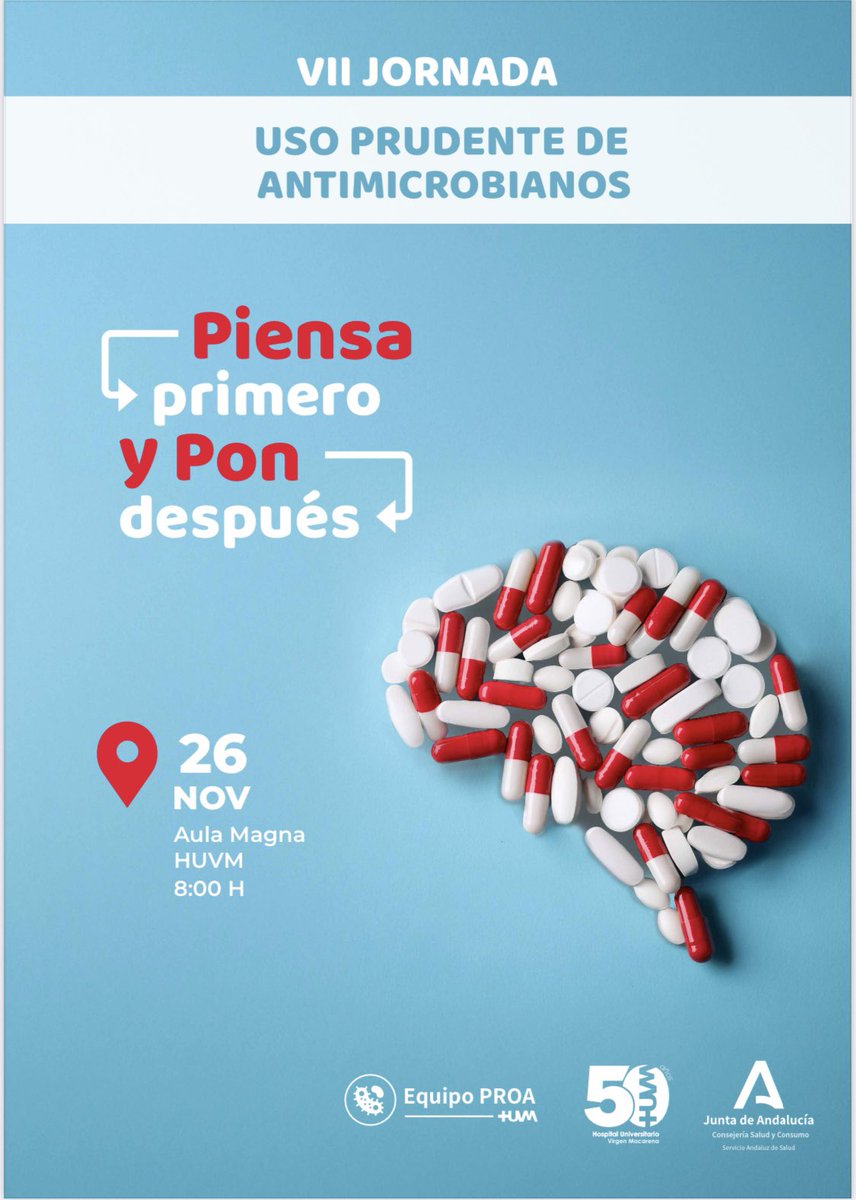 PROAmacarena's tweet image. 🧠 PIENSA primero,
y PON después.

🔻O quizás NO pongas antibiótico si has PENSADO que no es necesario…pongamos que hablo de bacteriurias asintomáticas o virasis respiratorias.

🔻PIENSA a qué desescalar con fundamento.

👉🏼Vente a la JORNADA DE USO PRUDENTE DE ANTIMICROBIANOS
