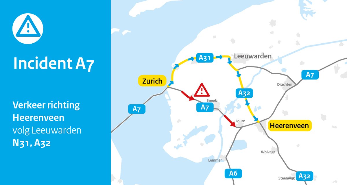RWSverkeersinfo's tweet image. ⛔️ | Na een ongeval tussen twee voertuigen is de #A7 dicht tussen Oudehaske en Heerenveen-West. De hulpdiensten zijn ter plaatse en verkeer richting Heerenveen leiden we vanaf knp. Zurich om via onderstaande route. 👇🏽 Het is nog niet bekend hoe laat de weg weer vrijgegeven wordt.