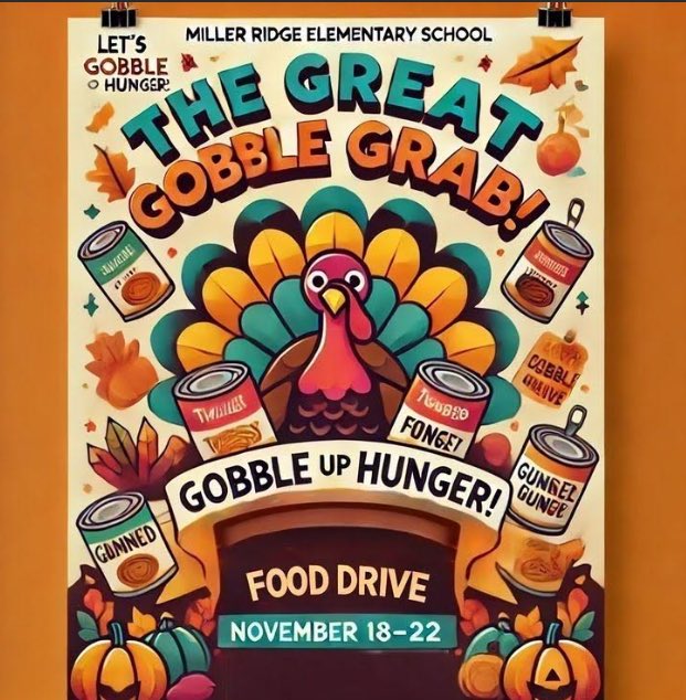 Miller Ridge is excited to kick off our Great Gobble Grab Food Drive!  We’re collecting non-perishable food items to benefit a local food pantry and help those in need this holiday. Start gathering your items, and let’s fill those shelves! 🦃❤️ #MillerRidgeCares <a href="/MiddletownOH/">Middletown City Schools</a>
