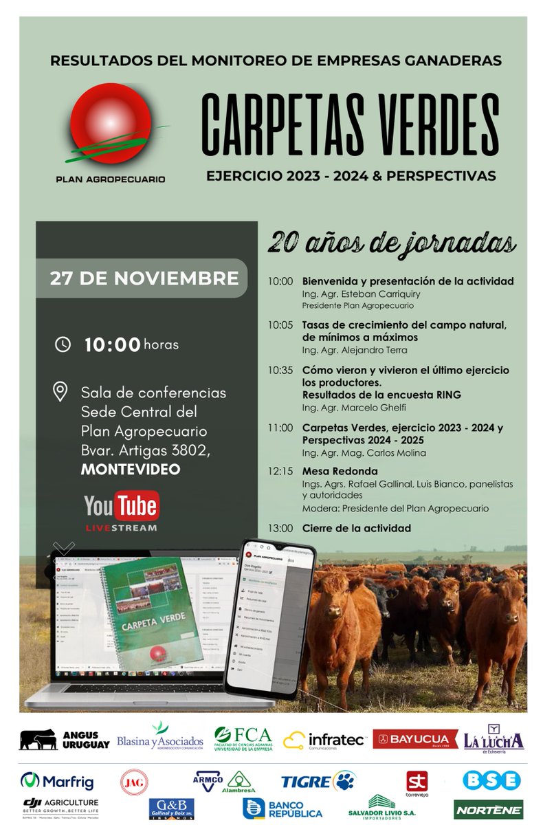 📢¡Para agendar!

🗓️27/11⏰10hs📍Mdeo 🛜YouTube
Resultados del Monitoreo de Empresas Ganaderas "Carpetas Verdes", ejercicio 2023/2024 y perspectivas
✨¡20 años de jornadas!✨

¡Te esperamos!
#SegForrajeroSatelital #CampoNatural #Productores #RING #CarpetaVerde #Gestión #PlanAgro