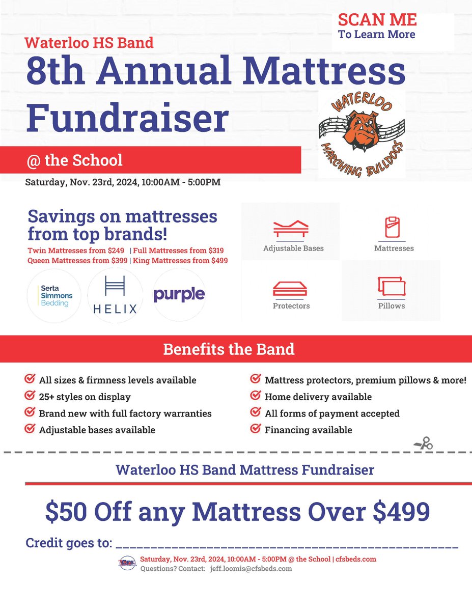Custom Fundraising Solutions of St Louis, LLC (@cfsstlouis) on Twitter photo Join us & the <a href="/WaterlooHSBands/">Waterloo Bulldog Bands</a> for their 8th Annual #MattressFundraiser THIS Saturday, November 23rd (10am-5pm) at Waterloo High School. Here R details to RT/share with friends! #beds4waterloo24 Please RT! Join us & the <a href="/WaterlooHSBands/">Waterloo Bulldog Bands</a> for their 8th Annual #MattressFundraiser THIS Saturday, November 23rd (10am-5pm) at Waterloo High School. Here R details to RT/share with friends! #beds4waterloo24 Please RT!