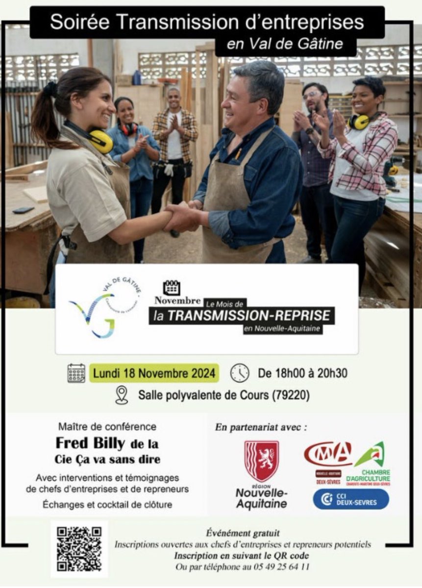 🚨Ce soir la communauté Val de Gâtine &amp; la <a href="/NvelleAquitaine/">Nouvelle-Aquitaine</a> vous invitent à une soirée à 18h à la salle polyvalente sur le thème « transmission-reprise d’entreprise ». 

🗣️Des témoins seront présents pour échanger et vous aider. Je vous attends à Cours !