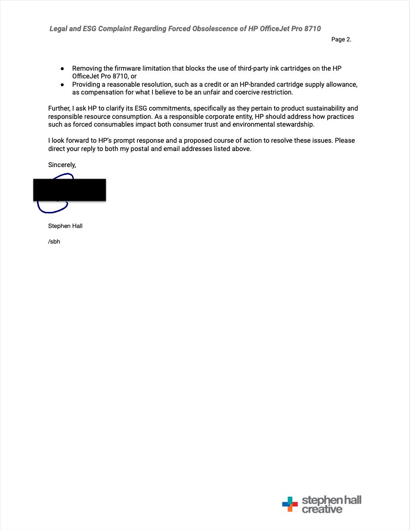 Attached is my letter to HP complaining about the forced obsolescence of a printer that works just fine. Please share.