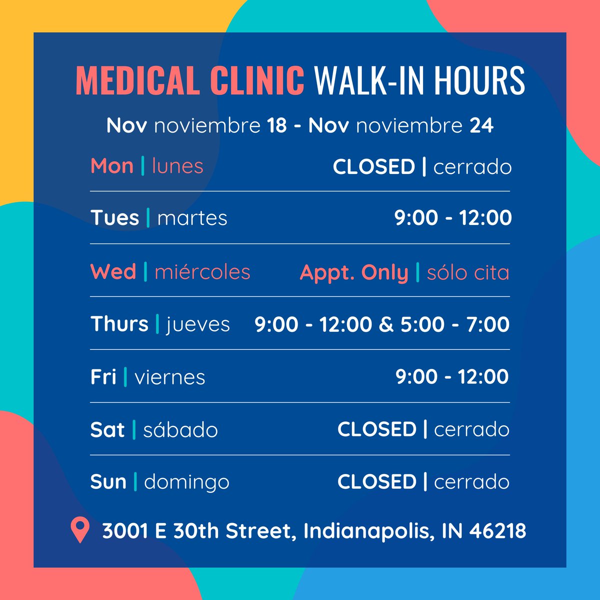 ‼️ WEEKLY HOURS UPDATE ‼️ These hours are walk-in hours ONLY for the GFC Medical Clinic inside of the St. Vincent de Paul Food Pantry at 3001 E. 30th Street, Indianapolis, IN 46218. See you there!