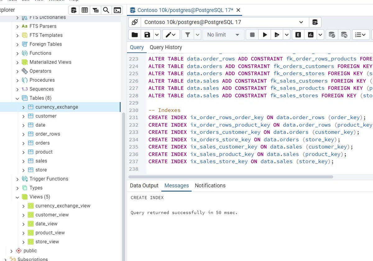 SQLGene's tweet image. I asked ChatpGPT to migrate the #SQLServer Create script for the Contoso generated dataset to #Postgres and it just worked? This is exciting.