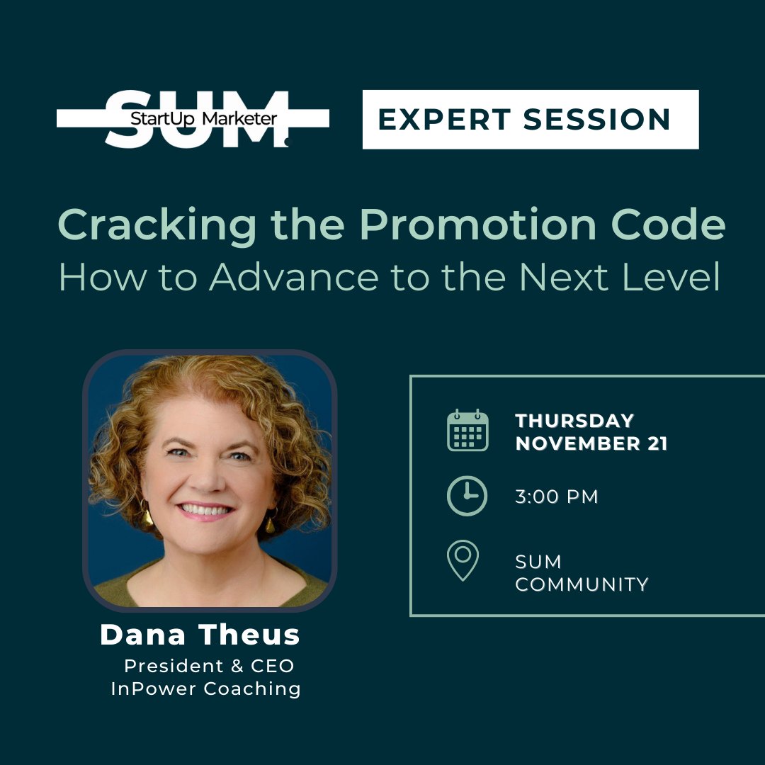 🌄 Are you looking to move up in the ranks?

In this week’s #expertsession, executive coach Dana Theus will break down barriers to advancement and share insights to help you unlock the next level of leadership.

Join us Thurs. (11/21) at 3 pm ET  👉 👉 community.thestartupmarketer.com/posts/71067420…