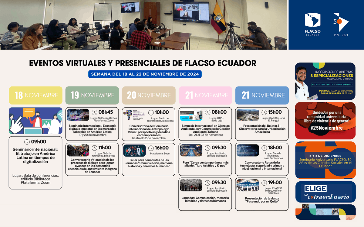 FLACSOec's tweet photo. 🗓️🤓 Esta semana en FLACSO Ecuador te invitamos a una variedad de eventos virtuales y presenciales que no te puedes perder.
Más información »» https://t.co/LhMumBzs3S
#FLACSOEcuador #EventosFLACSO #ComunidadFLACSO #EligeloExtraordinario #ADNFLACSO https://t.co/Skv7Jv7O3H
