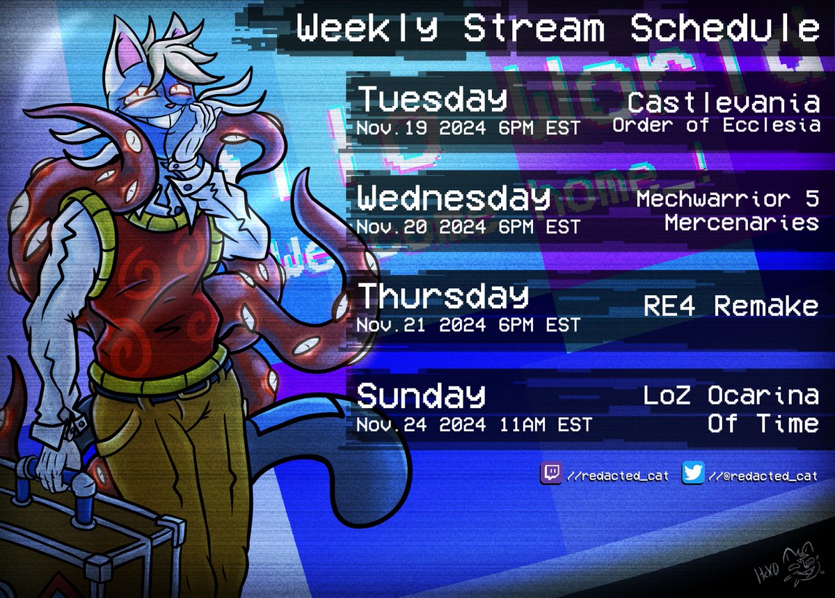 #furry #ENVtuber #Vtuber #Twitch
Keettee is back, yes yes
Have another schedule for the week

We start Order of Ecclesia, do more silly Mechwarrior 5 stuff, continue the island part of RE4R and finish Ocarina of Time this week!

twitch.tv/redacted_cat