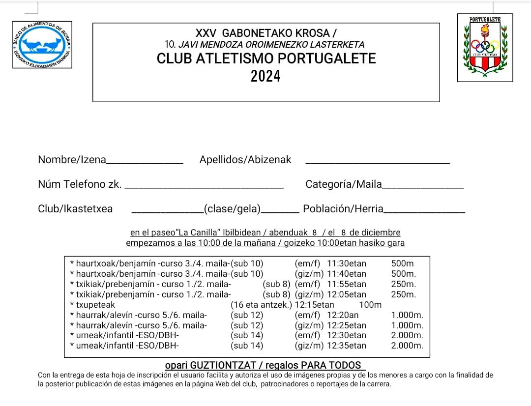 🔴⚪¡Inscripciones ABIERTAS!🔴⚪

GABONETAKO KROSA 2024 - 8 de Diciembre 
Ya podéis conseguir vuestra participación en Sportlandia (Portugalete), Bikila (Bilbao) y Flavisport (Castro) por 12€
¡Los peques también podrán participar en el cross!
#portugalete #gabonetakokrosa2024