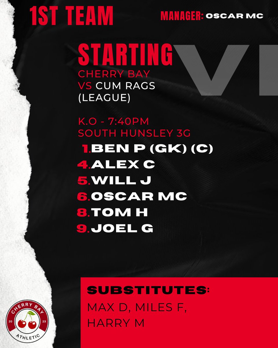 TEAM SHEET🍒

The team for tonight sees Ben P captain the side for the first time, Will J starts who is in for a serious 5 minuets, young peed returns to the side after a long term absence, Max &amp; Harry will have time to tie their cocks together both starting on the bench,

#UTC