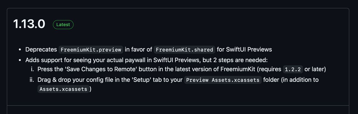 FreemiumKit SDK 1.13.0 is here!
⚠️ Deprecates FreemiumKit.preview → Use FreemiumKit.shared
🎨 Preview your actual paywall in SwiftUI Previews!

Steps:
1️⃣ Save changes to remote (v1.2.2+)
2️⃣ Add your config to "Preview Assets.xcassets"

Update now! 🔥 #SwiftUI #iOSDev