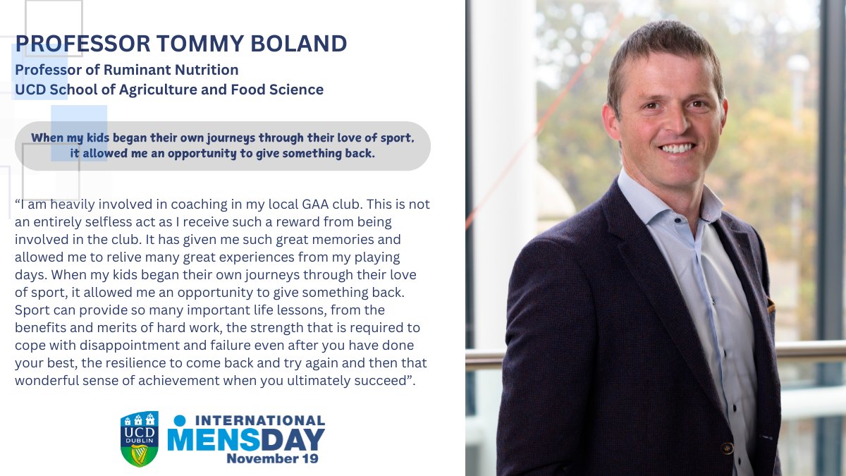 UCD Public Health, Physiotherapy & Sports Science (@ucd_sphpss) on Twitter photo Professor Tommy Boland <a href="/ucdagfood/">UCD School Ag & Food</a> coaches at his local GAA club and says it's not an entirely selfless act as he receives such a reward from being involved in the club.
Read more at: ucd.ie/phpss/newsande…
#IMD2024 #PositiveMaleRoleModels Professor Tommy Boland <a href="/ucdagfood/">UCD School Ag & Food</a> coaches at his local GAA club and says it's not an entirely selfless act as he receives such a reward from being involved in the club.
Read more at: ucd.ie/phpss/newsande…
#IMD2024 #PositiveMaleRoleModels