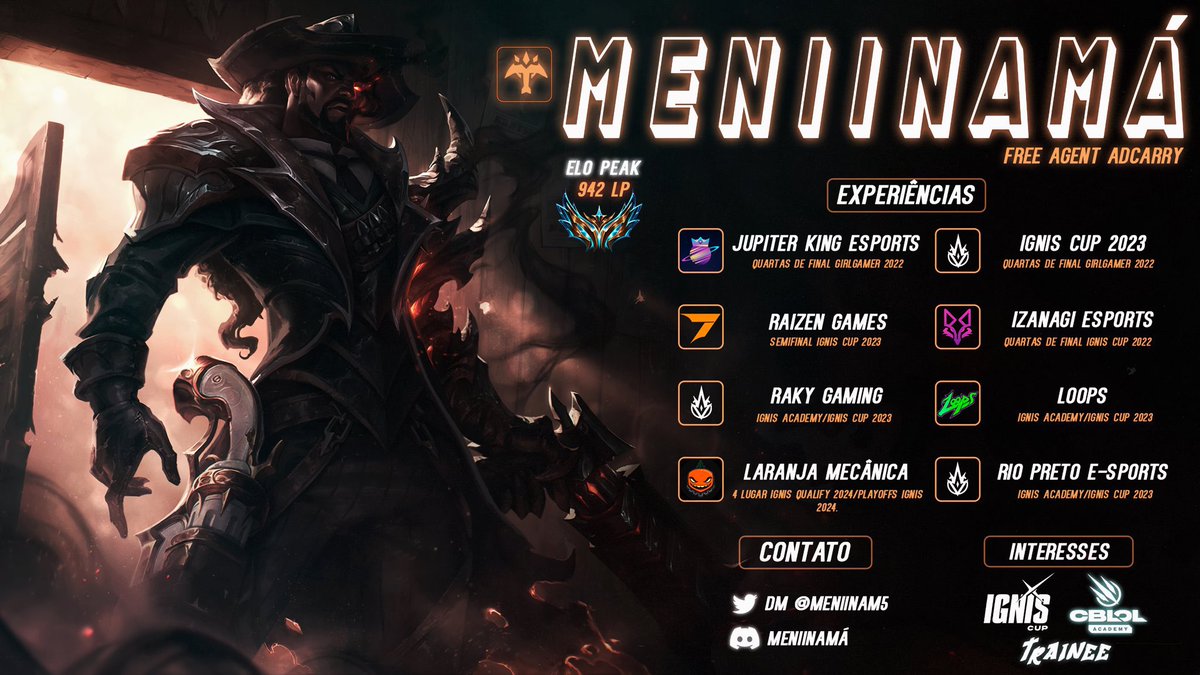 Com o fim dessa última etapa da Ignis Cup, venho anunciar que me encontro FA para competir na ignis no próximo ano como AD Carry, apesar de ter ficado dois split off, tenho muita vontade de competir e mostrar o meu potencial e até onde posso chegar!
Rt + likes = ajudam legal