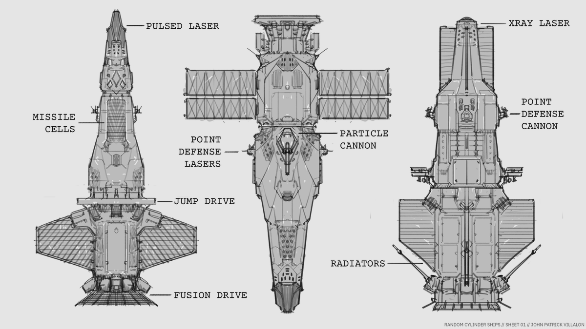 JPNomnom's tweet image. Quick sketch of cylinder spacecraft with some common hard sci-fi terms to make it seem like I thought about the designs but honestly it's just a form exercise. Wanted to do these for the longest time - I'll do a 3D one in the future. #hardsf #toughsf #spaceships #scifi #concepts