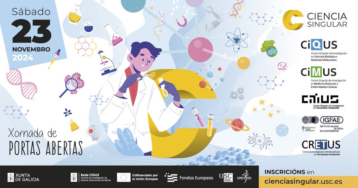 cimususc's tweet image. 📢Este sábado 23/11 abriremos as nosas portas para achegar a investigación #CiMUS á cidadanía nunha nova edición de @cienciasingular .

🚨Mañá martes 19 novembro ás 16:00 h, arrancará o prazo de inscricións para que poidades participar! Atentos á web👇

cienciasingular.usc.es