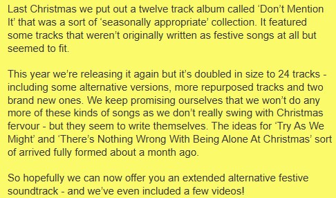 The Happy Somethings (@somehappything) on Twitter photo Realise this might be a bit early... but we hope you might indulge us! thehappysomethings.bandcamp.com/album/dont-men…
First 2 songs are brand new😃😍😎
<a href="/dorner_martina/">Martina Dörner</a> <a href="/golden_glades/">Sandra Zettpunkt</a> @AliceOnTheWaves <a href="/alt_frequencies/">The Alternative Frequencies Rock Show</a> <a href="/Alternativetrks/">Alternative Tracks</a> <a href="/AddToWantlist/">Add To Wantlist</a> <a href="/WudRecords/">🇪🇺 🇵🇸 🇺🇦 🌻 Wud Records 🌻 🇺🇦 🇵🇸 🇪🇺</a> <a href="/nutsontheradio/">Nuts On The Radio</a> <a href="/hctf/">Here Comes The Flood</a> <a href="/powerpopaholic/">powerpopaholic</a> Realise this might be a bit early... but we hope you might indulge us! thehappysomethings.bandcamp.com/album/dont-men…
First 2 songs are brand new😃😍😎
<a href="/dorner_martina/">Martina Dörner</a> <a href="/golden_glades/">Sandra Zettpunkt</a> @AliceOnTheWaves <a href="/alt_frequencies/">The Alternative Frequencies Rock Show</a> <a href="/Alternativetrks/">Alternative Tracks</a> <a href="/AddToWantlist/">Add To Wantlist</a> <a href="/WudRecords/">🇪🇺 🇵🇸 🇺🇦 🌻 Wud Records 🌻 🇺🇦 🇵🇸 🇪🇺</a> <a href="/nutsontheradio/">Nuts On The Radio</a> <a href="/hctf/">Here Comes The Flood</a> <a href="/powerpopaholic/">powerpopaholic</a>