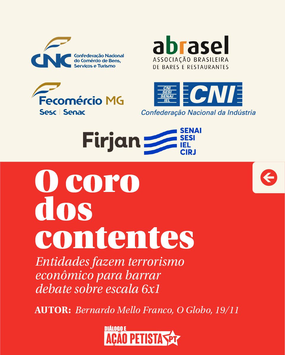 DAPBrasil's tweet photo. Entidades patronais fazem terrorismo econômicos para barrar o debate sobre o fim da escala 6x1. Para elas, a redução da jornada de trabalho provocaria quebradeira e demissões.
🧶 1/2 https://t.co/rvlcCz9kE7