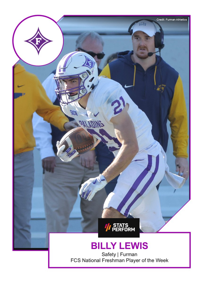 Stats Perform FCS National Freshman Player of the Week        

Congratulations to Furman safety Billy Lewis.

Story: theanalyst.com/na/2024/11/sta…