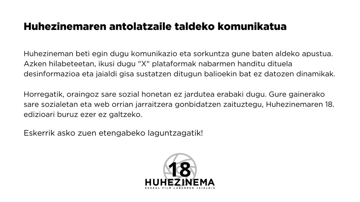 ADI‼️

Huhezinemak "X" plataforman ez du jardungo momentuz.

Jarraitu gainerako sare sozialetan:

-Instagram: instagram.com/huhezinema/
-Facebook: facebook.com/huhezinema.jai…
-Tiktok: tiktok.com/@huhezinema
-Webgunea: huhezinema.eus
