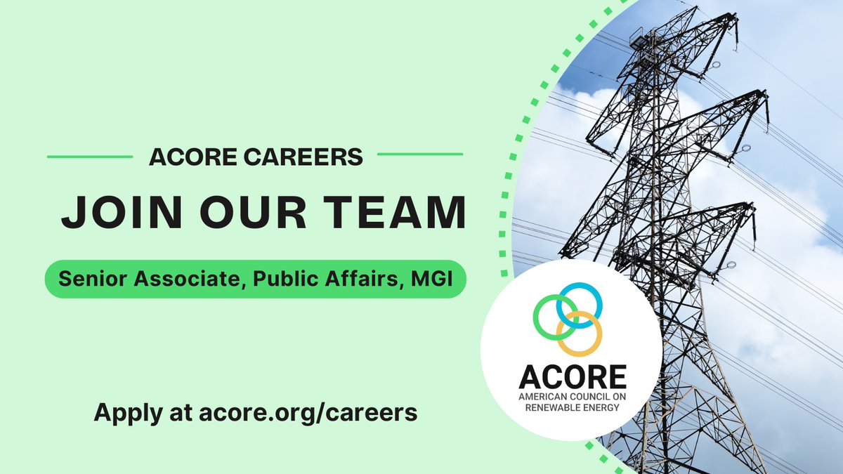 Macro Grid Initiative (@themacrogrid) on Twitter photo We're hiring! <a href="/ACORE/">American Council on Renewable Energy</a> is seeking a Senior Associate to help educate policymakers and the public about the benefits of an expanded and upgraded transmission system!
Apply today to join our public affairs team ⤵
acore.org/about/careers/
#energytwitter #energyjobs We're hiring! <a href="/ACORE/">American Council on Renewable Energy</a> is seeking a Senior Associate to help educate policymakers and the public about the benefits of an expanded and upgraded transmission system!
Apply today to join our public affairs team ⤵
acore.org/about/careers/
#energytwitter #energyjobs