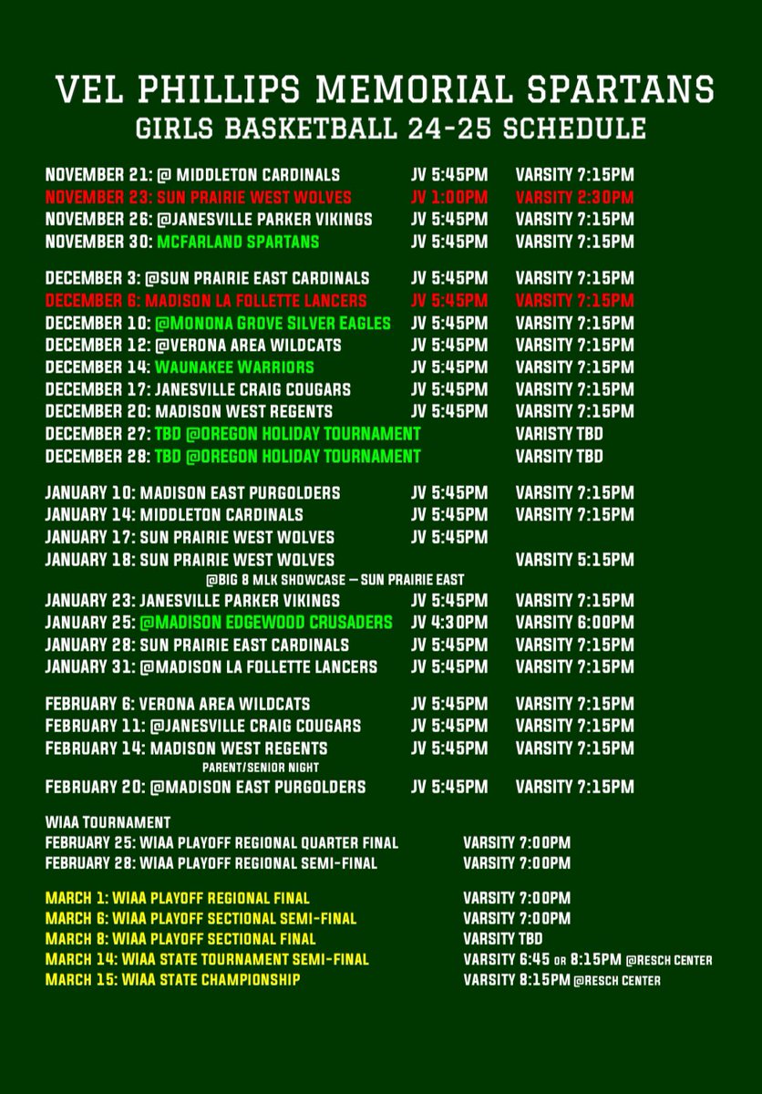 Coaches, Spartan Family &amp; Spectators - Check out our schedule for the 24-25 VPM GBB Season. Hope to see you there! #lastride