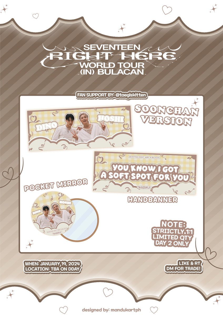 taegiskitten's tweet image. -ˏˋ 17 RIGHT HERE IN BULACAN FREEBIES ˊˎ-

𖹭 SOONCHAN &amp;amp; WONCHAN BANNER &amp;amp; POCKET MIRROR 𖹭

fan support by: @taegiskitten 
designed by: @mandukartph 
🥟day 2 only, no mobbing!
🥟 limited qty, 1:1
🥟 open for trade

#SEVENTEEN_RIGHT_HERE_IN_BULACAN