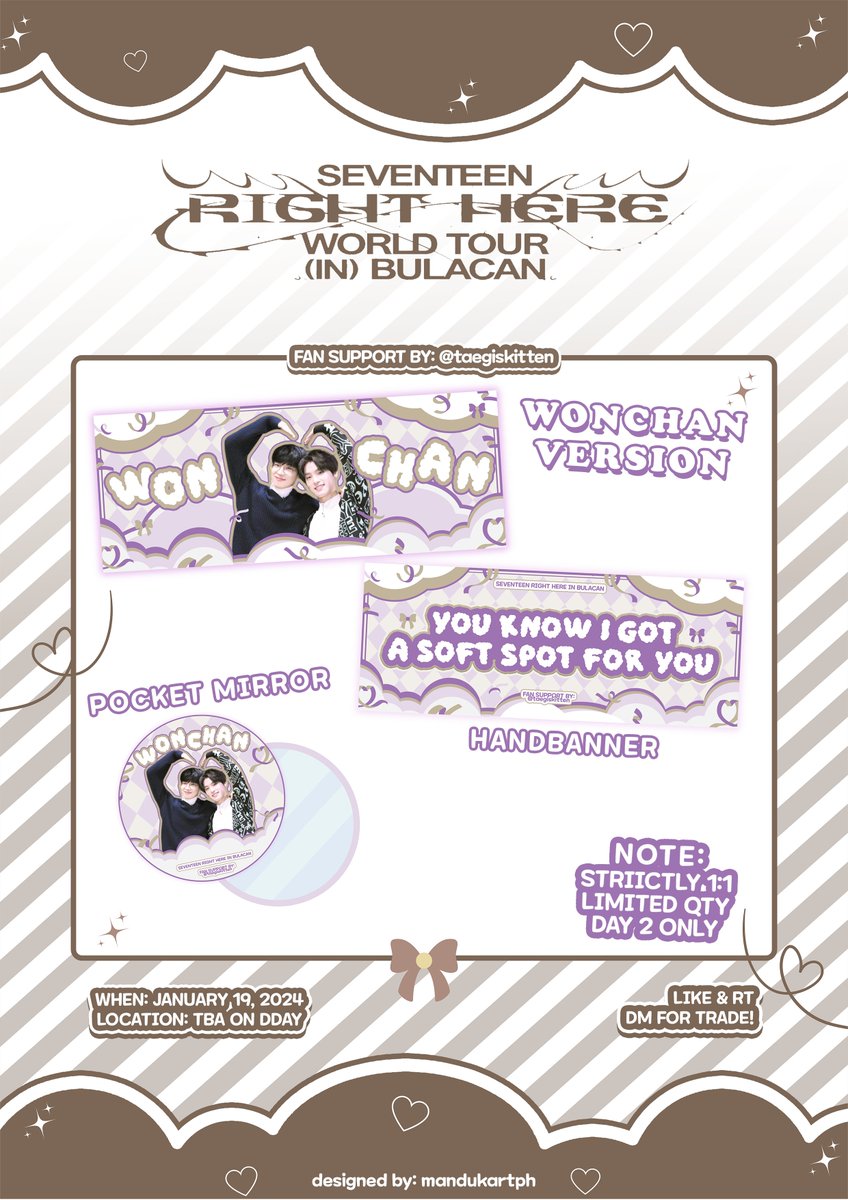 taegiskitten's tweet image. -ˏˋ 17 RIGHT HERE IN BULACAN FREEBIES ˊˎ-

𖹭 SOONCHAN &amp;amp; WONCHAN BANNER &amp;amp; POCKET MIRROR 𖹭

fan support by: @taegiskitten 
designed by: @mandukartph 
🥟day 2 only, no mobbing!
🥟 limited qty, 1:1
🥟 open for trade

#SEVENTEEN_RIGHT_HERE_IN_BULACAN