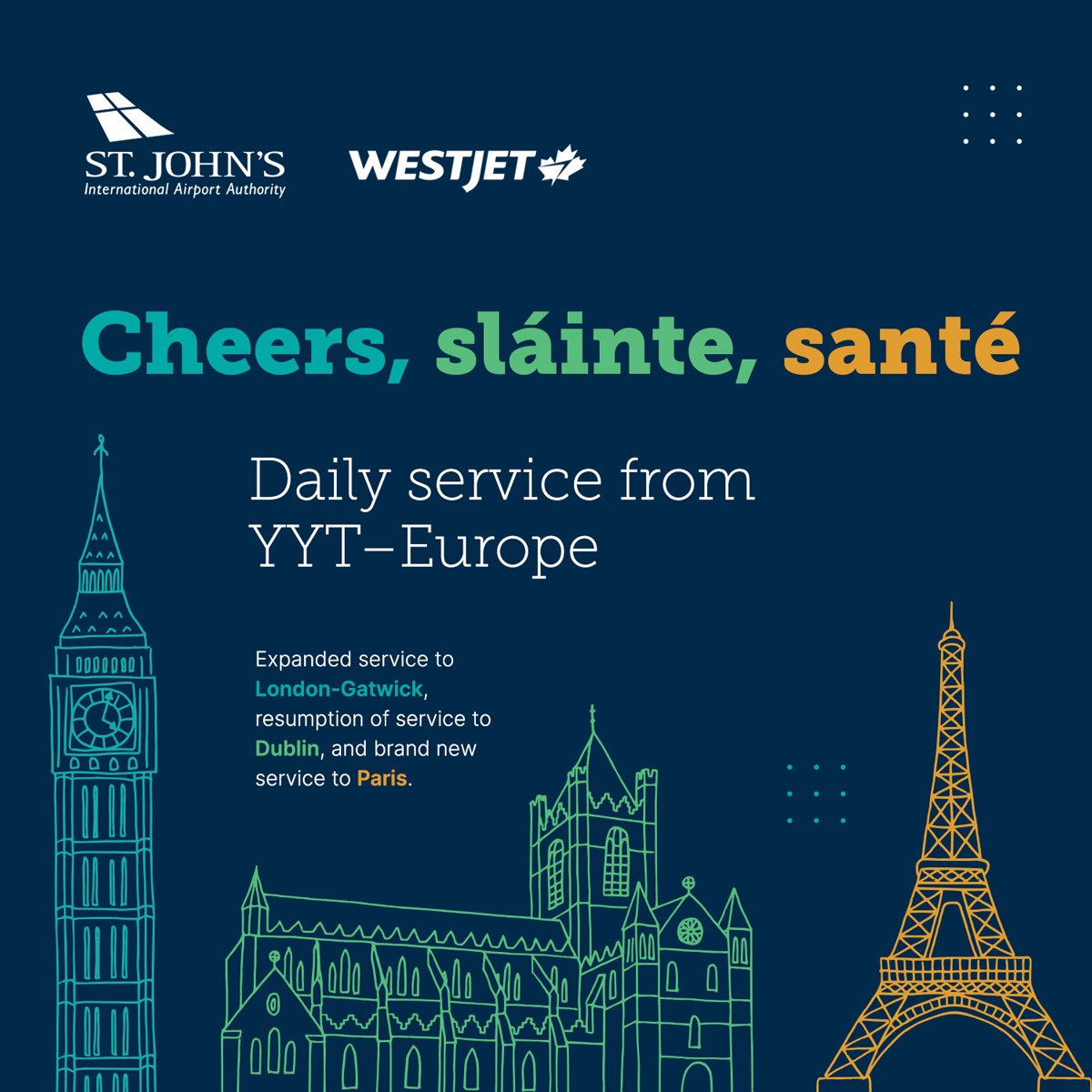 Europe is calling! ✈🌍🗺 

Fly non-stop from YYT to London-Gatwick, Dublin and Paris.  Daily service to Europe starts May 2025!