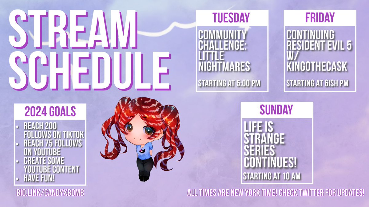 candyxbomb's tweet image. Schedule is LIVE: Tuesday we get the Community Challenge Little Nightmares out of the way for real! On Friday @kingothecask is back for more RE5! Sunday were back to Life is Strange but with Double Exposure (and finishing wavelengths)! #vtuber #streamingSchedule #smallstreamer