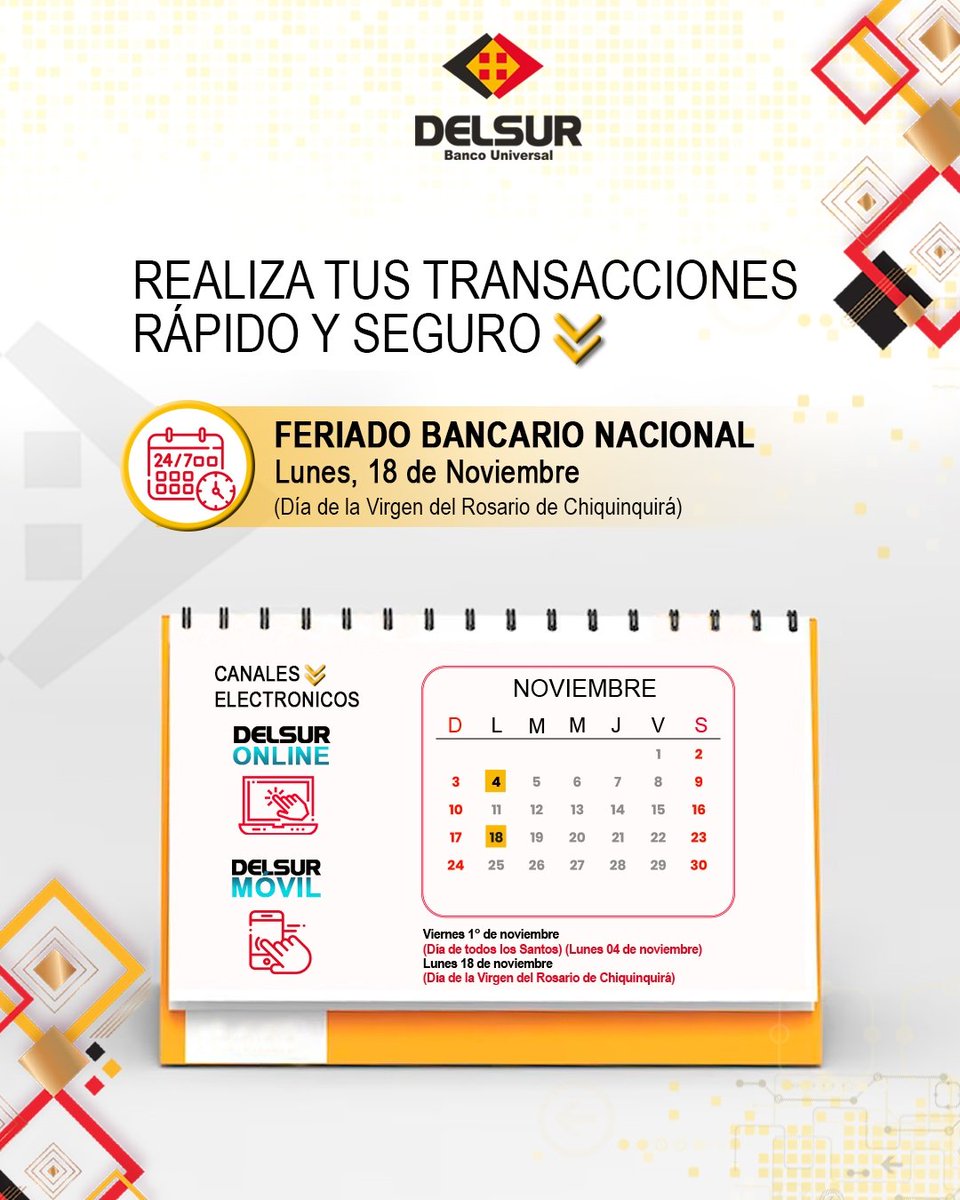 Feriado Bancario

Día de la virgen del Rosario de Chiquinquirá 

#DELSURBancoUniversal #feriado #bancario