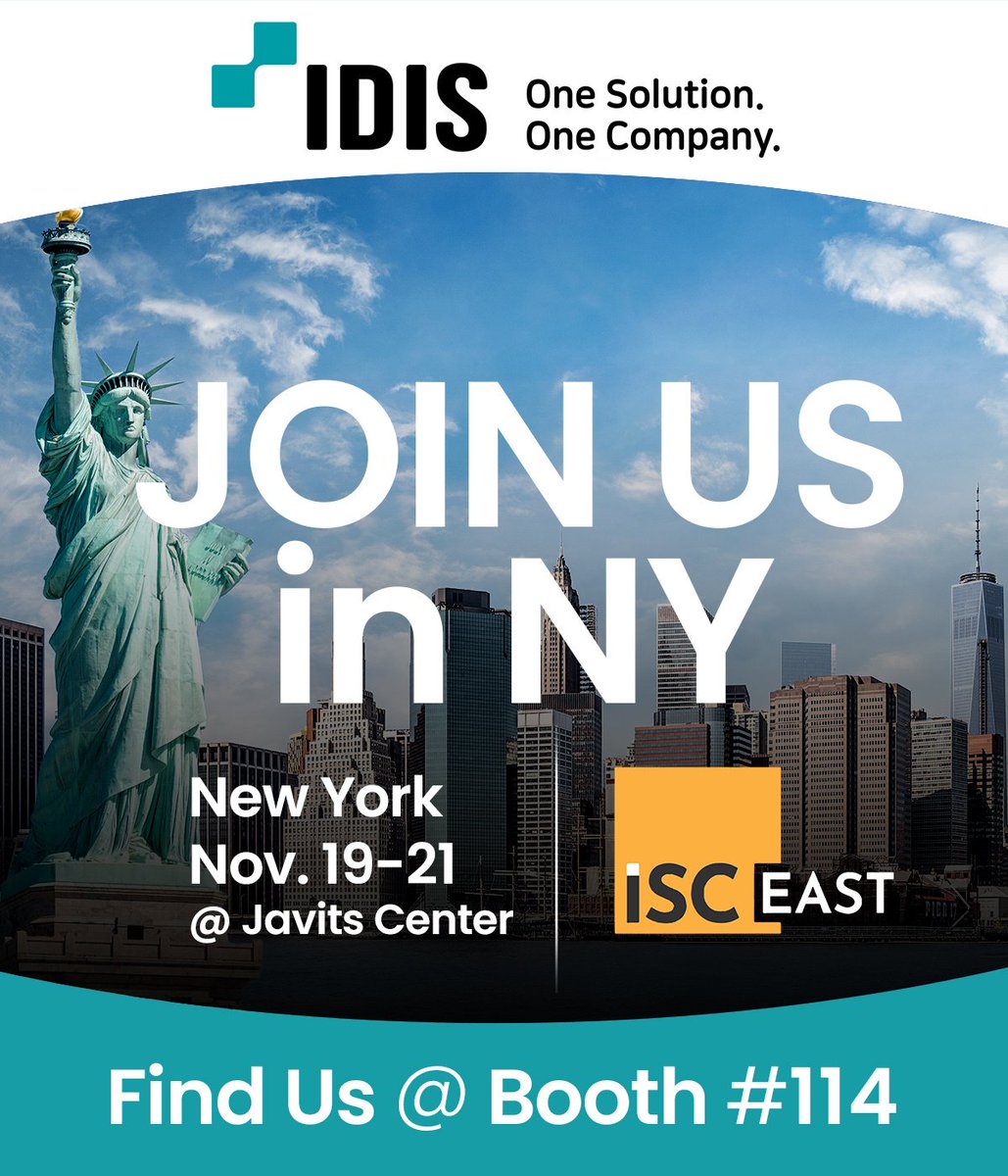 Countdown to ISC East! Visit IDIS Americas at Booth #425 on Wednesday to explore scalable AI-powered surveillance solutions. Don't miss demos of the #IDIS ISS #VMS. Ready to elevate your security? See you there! bit.ly/4hQVDU9