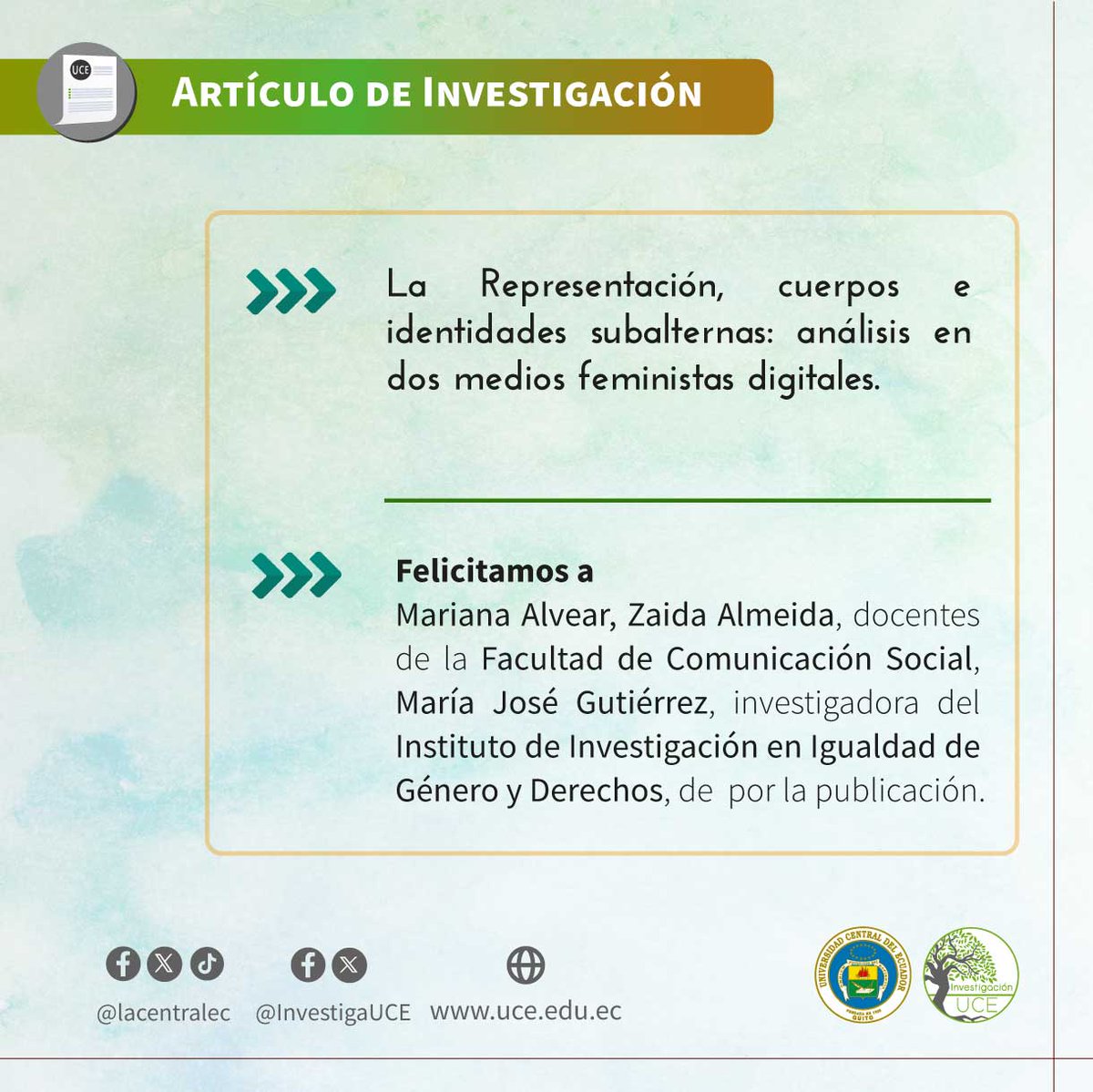InvestigaUCE's tweet photo. #ArtículodeInvestigación
📑📊El enfoque teórico y metodológico proponen una revisión y discusión desde los estudios de género, transfeminismo, teoría queer
Revisa 🔎https://t.co/lqitrImHLR
#identidadessubalternas #activismos #tecnopolítica #mediosfeministas #cuerpo-nómade https://t.co/OvEUhoJpy7