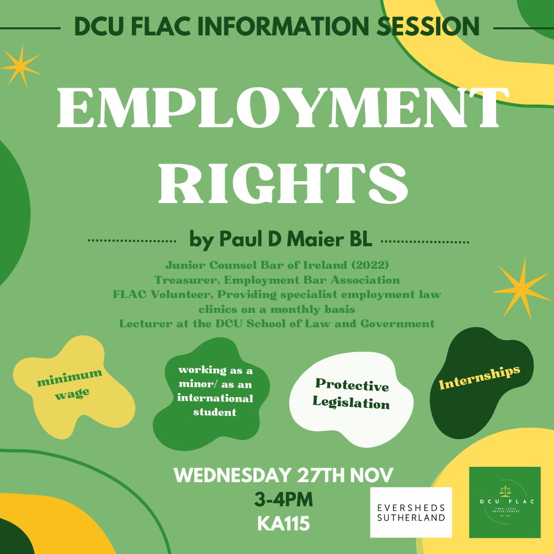 DCUFLAC's tweet photo. DCU FLAC information session ‼️
Submit any employment rights queries via the QR code below to be answered by FLAC volunteer and Lecturer at @LawGovDCU, Paul D Maier!!! 
We are so excited for this special resource to be available in @DCU again!! 💚⭐️
#dcu #flac #employmentrights https://t.co/KuP6lC5WGM