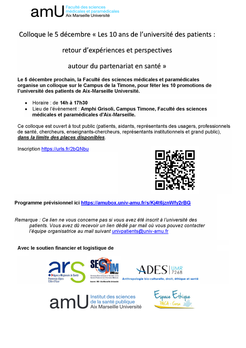 aphm_actu's tweet photo. 📢 Le 5 décembre, participez au colloque "Les 10 ans de l’Université des Patients" !
🎯 Retour d’expériences sur le partenariat en santé.
📍 Amphi Grisoli, Campus Timone.
🔗 Inscription gratuite ➡️ https://t.co/cvkHQGPUbJ
#SantéPartenariale #PatientsExperts #APHM https://t.co/yEz1webpyc
