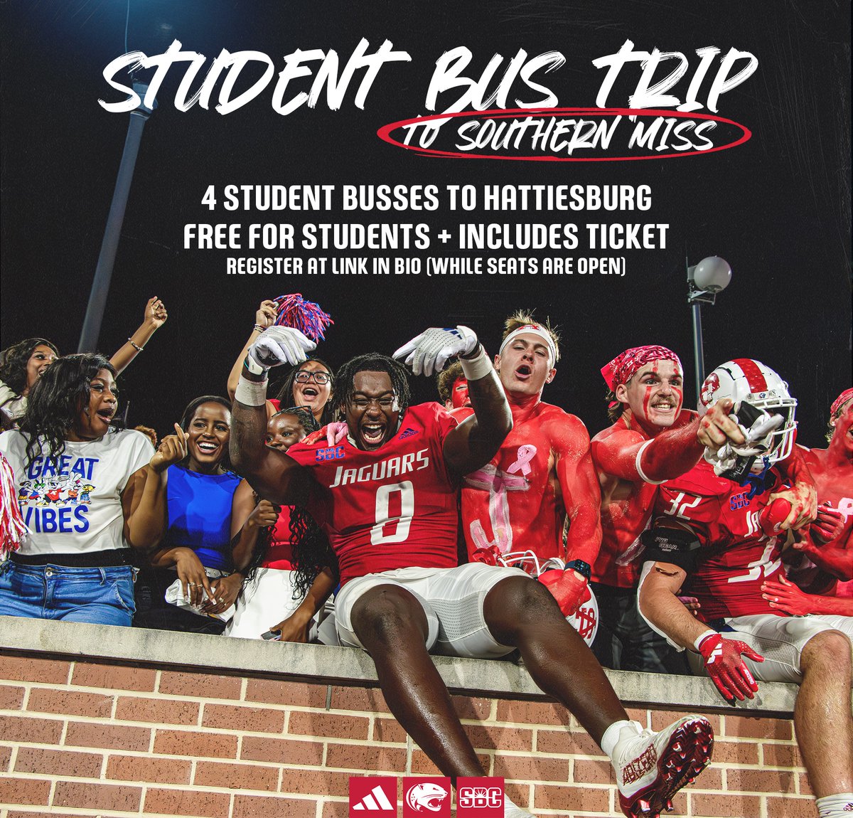 SouthAlabama's tweet image. STUDENTS‼️

Need a ride to Hattiesburg's for Saturday's game? Sign up for a free bus trip and ticket here⤵️

bit.ly/4fPEEQg