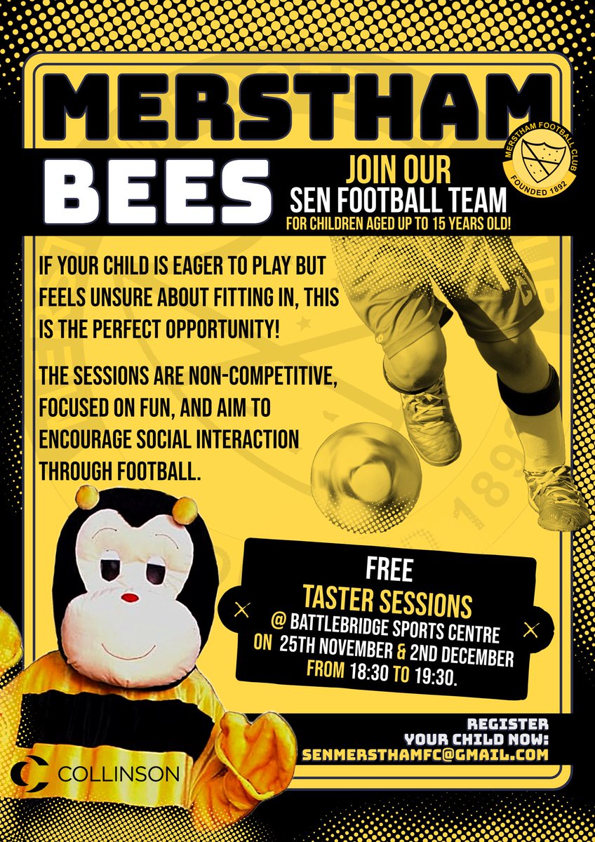 Introducing… 𝗠𝗲𝗿𝘀𝘁𝗵𝗮𝗺 𝗕𝗲𝗲𝘀! 🐝

We’re excited to launch our first football team for children with SEN, open to players up to 15 years old, making football inclusive &amp; accessible for the SEN community.

Register your child: senmersthamfc@gmail.com

#WeAreMerstham 🧡🖤