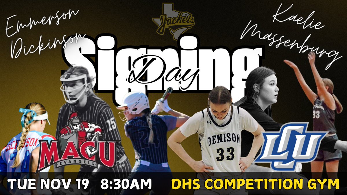 Denison Lady Jacket Softball (@dhsljsoftball) on Twitter photo Come join us Tuesday morning in the COMPETITION GYM at 8:30am to celebrate two amazing athletes signing with their respective colleges. <a href="/emmerson_24/">emmerson dickinson</a> with <a href="/MACUsoftball/">MACU Softball</a> and <a href="/kaelie_mass33/">Kaelie Massenburg</a> with <a href="/LCUWomensBball/">Lubbock Christian University Women's Basketball</a> <a href="/JasonDellaRosa/">Jason Della Rosa</a> <a href="/reedsports/">David Reed</a> <a href="/AdamOgburnTV/">Adam Ogburn</a> <a href="/DFWfastpitch/">DFW Fastpitch</a> <a href="/DenisonHS/">Denison High School</a> Come join us Tuesday morning in the COMPETITION GYM at 8:30am to celebrate two amazing athletes signing with their respective colleges. <a href="/emmerson_24/">emmerson dickinson</a> with <a href="/MACUsoftball/">MACU Softball</a> and <a href="/kaelie_mass33/">Kaelie Massenburg</a> with <a href="/LCUWomensBball/">Lubbock Christian University Women's Basketball</a> <a href="/JasonDellaRosa/">Jason Della Rosa</a> <a href="/reedsports/">David Reed</a> <a href="/AdamOgburnTV/">Adam Ogburn</a> <a href="/DFWfastpitch/">DFW Fastpitch</a> <a href="/DenisonHS/">Denison High School</a>