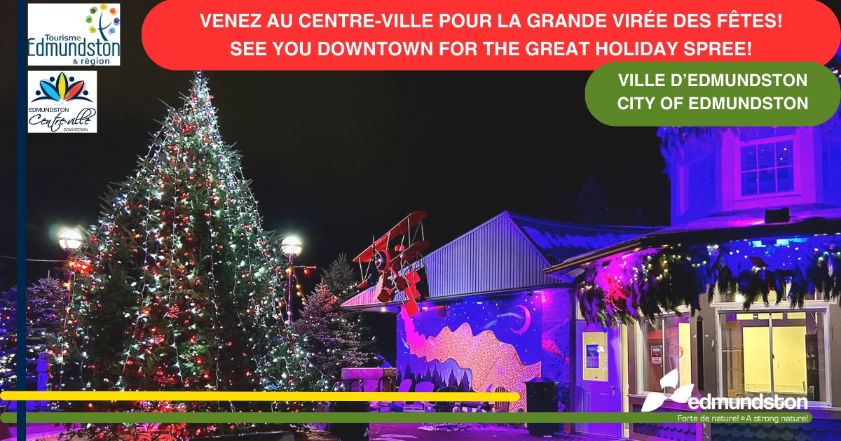 Venez vivre l'ambiance féérique pendant la Grande Virée des Fêtes et acheter vos cadeaux chez nos marchands locaux! #edmundston
-----
Come experience the magical atmosphere during the Great Holiday Spree, and buy your gifts from our local merchants!
